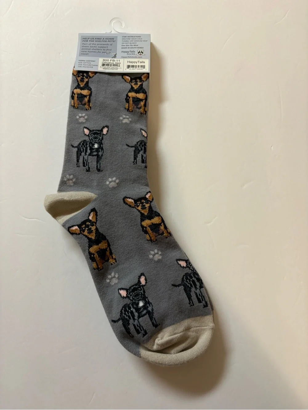 Happy Tails Novelty Dog Print Crew Socks - Gray with Tan Accents OSFM